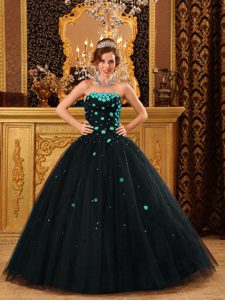 Black Strapless Ball Gown Tulle Quinceanera Dress with Green Floral Appliques on Sale