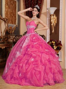 Hot Pink Ruched Sweetheart Quinceanera Dress with Embroidery and Pick-ups