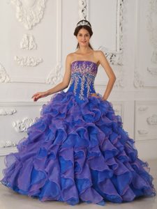 Blue Strapless Dresses for Quince with Ruffles and White Appliques in Organza
