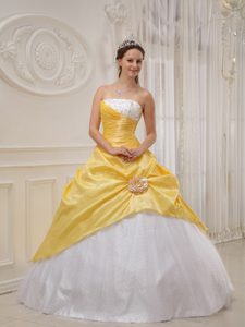 Strapless Beaded Quinceanera Dress with Hand Made Flower in Yellow and White
