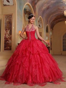 Halter-top Beading Sweet Sixteen Dresses with Appliques and Ruffles in Organza