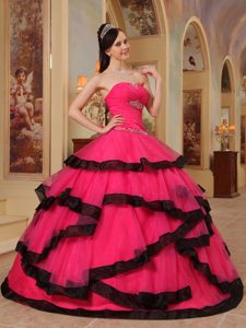 Red Beading Sweet 15 Dresses with Layers and Black Hemline in the Mainstream