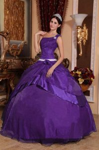 One Shoulder Purple Quinceaneras Dress with Hand Made Flowers and Beadings