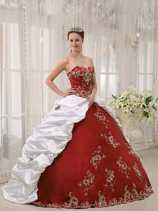Wine Red and White Quinceanera Dress with Embroidery and Pick-ups in Taffeta