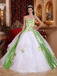 Strapless White and Green Quince Dress with Appliques and Hand Made Flowers