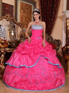 Ruching Strapless Quinceaneras Dress with Embroidery and Pick-ups in Hot Pink