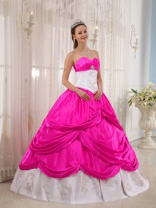 Clearance Hot Pink and White Quinceaneras Dress with Appliques and Pick-ups