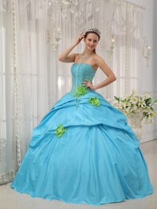 Beading Strapless Quinceanera Dresses with Hand Made Flowers in Aqua Blue