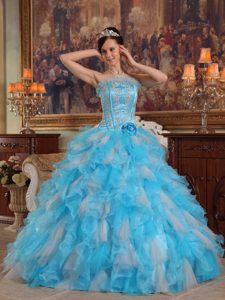Aqua Blue Strapless Sweet Sixteen Quince Dresses with Appliques and Ruffles