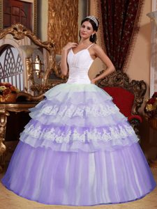 Lilac Ball Gown Appliqued Sweet 16 Dresses with Spaghetti Straps and Layers