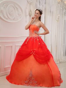 New Stylish 2013 Orange Red Dress for Quinceanera with Appliques and Pick-ups