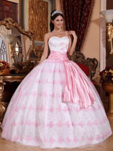 Spaghetti Straps Light Pink Quinceanera Gown Dress with Embroidery and Sash