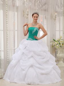 White and Turquoise Ball Gown Quinceanera Gown with Appliques and Pick-ups
