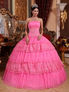 Pretty Strapless Pink Dress for Quinceanera in Organza and Lace with Appliques