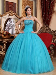 Aqua Blue Strapless Quinceanera Gown Dresses with Beading and Embroidery