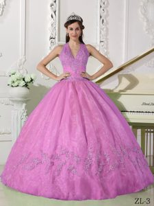 Halter-top Floor-length Sweet Sixteen Dresses with Appliques in Fuchsia on Sale