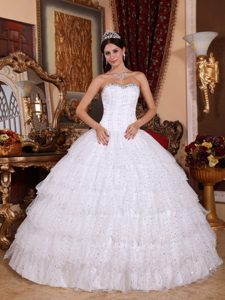White Ball Gown Beaded and Layered Quince Gown with Heart Shaped Neckline