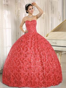Clearance Coral Red Sweetheart Quinceanera Dress with Embroidery and Sequins