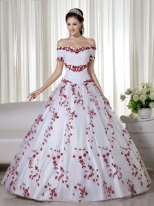 White and Red Off The Shoulder Quince Gowns with Embroidery and Ruches