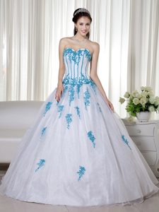 White Sweetheart Floor-length Quinceanera Gown with Teal Appliques on Sale
