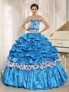 Beading and Printing Taffeta Quinceanera Dresses with Pick-ups in Aqua Blue