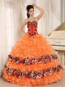 Sweetheart Orange Leopard Quince Gown Dresses with Appliques and Ruffles