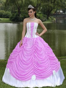 White and Purple Appliqued Quince Gown with Ruches and Handmade Flowers