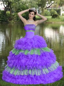 Cheap Beaded Purple and Green Quinceanera Gown Dress with Ruffled Layers