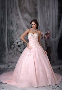 Impressive Baby Pink Sweetheart Court Train Beaded Sweet 15 Dresses with Flower