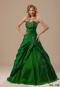 2014 Hunter Green Sweetheart Taffeta and Organza Dress for Quince with Appliques