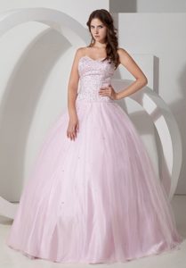 Baby Pink Sweetheart Ball Gown Tulle Sweet Sixteen Dress with Beading for Cheap