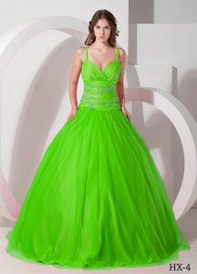 Spring Green Spaghetti Straps Ruched Tulle Quinceanera Dresses with Beaded Waist