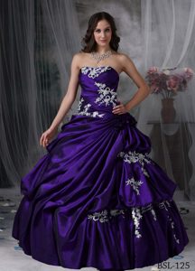 Glitz Dark Purple Strapless Taffeta Quinceanera Dress with Pick-ups and Appliques