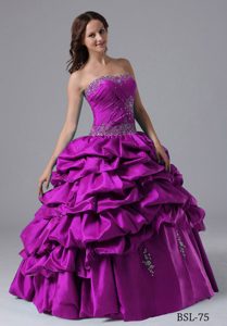 New Strapless Fuchsia Taffeta Ruched Quinceanera Dress with Pick-ups and Beading