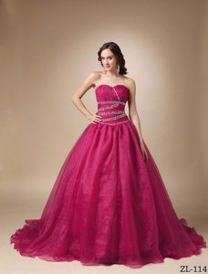 Hot Red Sweetheart Brush Train Princess Beaded Organza Quinceanera Dress on Sale