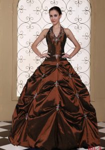 Burgundy Halter Taffeta Floor-length Quinceanera Dress with Pick-ups and Appliques
