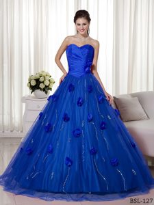 Royal Blue Sweetheart Taffeta and Tulle Quinceanera Dress with Flowers and Sequin