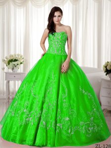 Spring Green Strapless Ball Gown Quinceanera Dress with Beading and Embroidery