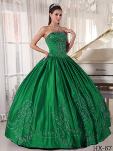 New Strapless Floor-length Hunter Green Taffeta Quinceanera Dress with Embroidery