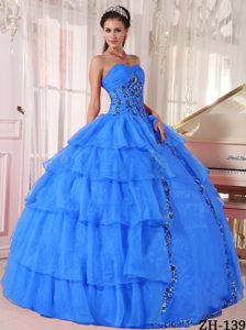 Blue Sweetheart Floor-length Organza Quinceanera Dresses with Layers and Paillettes