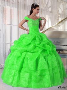 Spring Green off-the-shoulder Quinceanera Gown Dress with Pick-ups and Beading