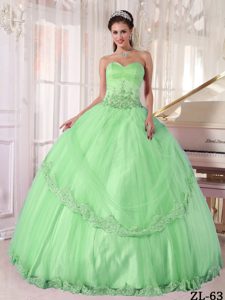 Apple Green Sweetheart Ball Gown Tulle Quinceanera Dress with Appliques for Cheap
