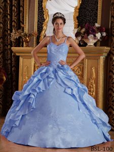 Spaghetti Straps Baby Blue Taffeta Quinceanera Dress with Pick-ups and Appliques