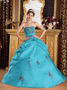 Aqua Blue Strapless Taffeta Quinceanera Gown Dress with Pick-ups and Embroidery