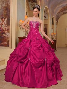 Coral Red Strapless Floor-length Taffeta Appliqued Quinceanera Dress with Pick-ups