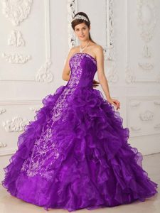 Purple Strapless Floor-length Organza Dress for Quince with Embroidery and Ruffles