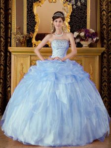 Baby Blue Strapless Beaded Organza Ball Gown Sweet Sixteen Dress with Pick-ups