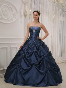 Navy Blue Strapless Ball Gown Taffeta Quinceanera Dress with Pick-ups and Beading