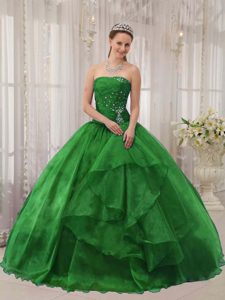 Green Strapless Organza Ball Gown Quinceanera Dresses with Beading on Promotion
