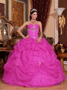 Cheap Hot Pink Sweetheart Organza Quinceanera Dress with Pick-ups and Appliques